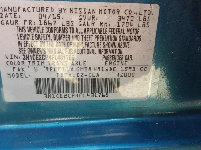 3N1CE2CP4FL431765 - 2015 NISSAN VERSA NOTE BLUE photo 10