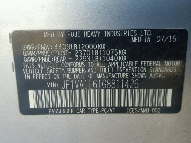 JF1VA1E61G8811426 - 2016 SUBARU WRX PREMIU SILVER photo 10