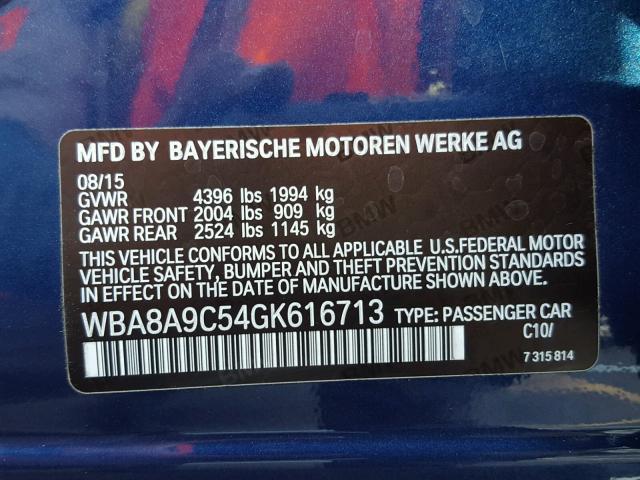 WBA8A9C54GK616713 - 2016 BMW 320 I BLUE photo 10