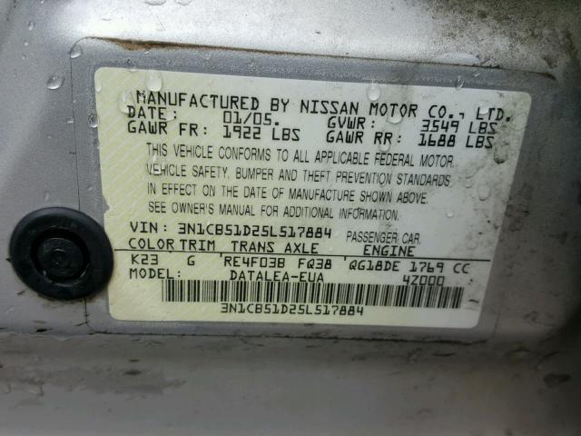 3N1CB51D25L517884 - 2005 NISSAN SENTRA 1.8 SILVER photo 10