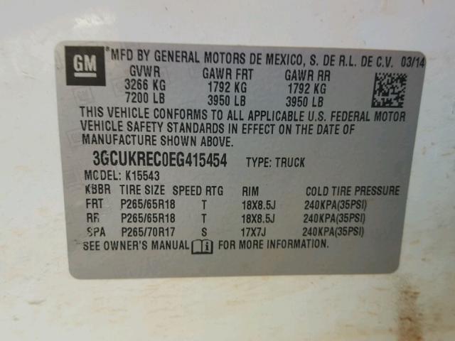 3GCUKREC0EG415454 - 2014 CHEVROLET SILVERADO WHITE photo 10