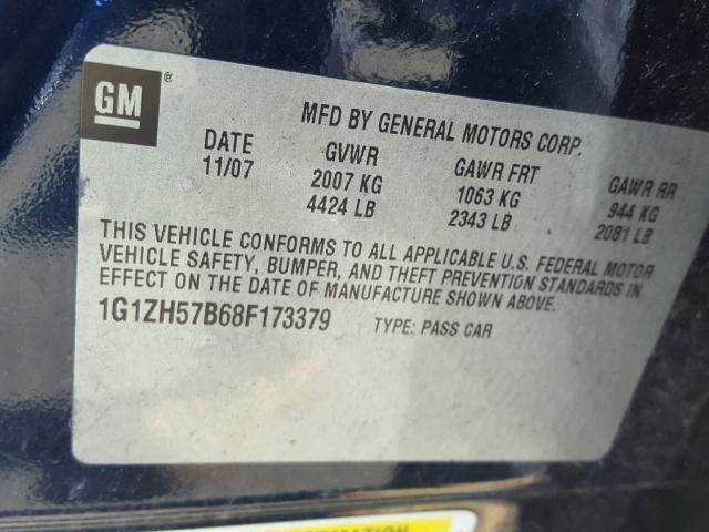 1G1ZH57B68F173379 - 2008 CHEVROLET MALIBU 1LT BLUE photo 10