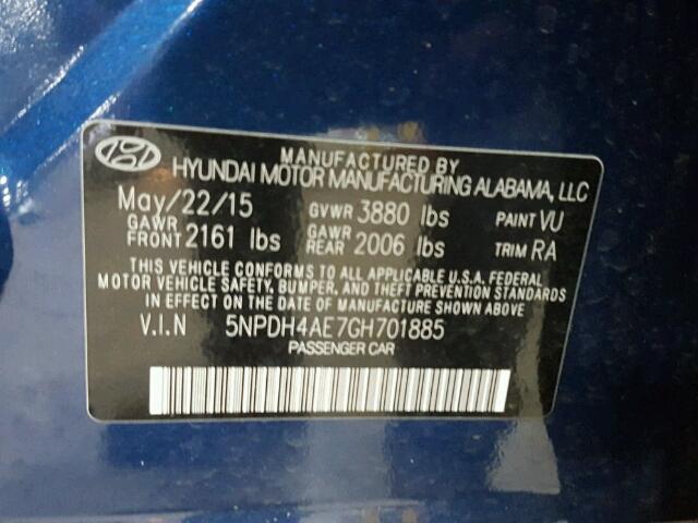 5NPDH4AE7GH701885 - 2016 HYUNDAI ELANTRA SE BLUE photo 10