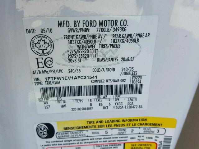 1FTFW1EV1AFC31541 - 2010 FORD F150 SUPER WHITE photo 10