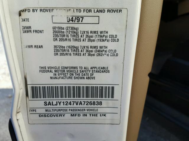 SALJY1247VA726838 - 1997 LAND ROVER DISCOVERY WHITE photo 10