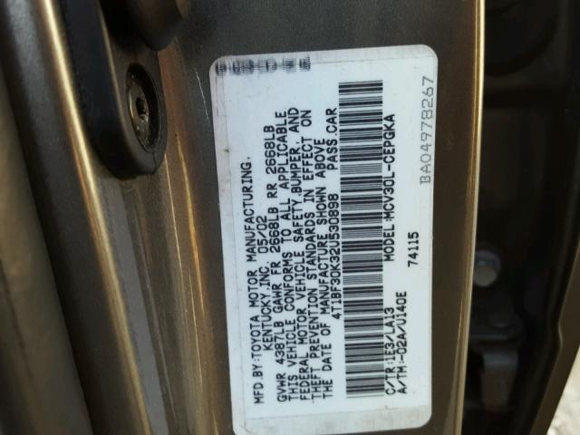 4T1BF30K32U530898 - 2002 TOYOTA CAMRY GRAY photo 10