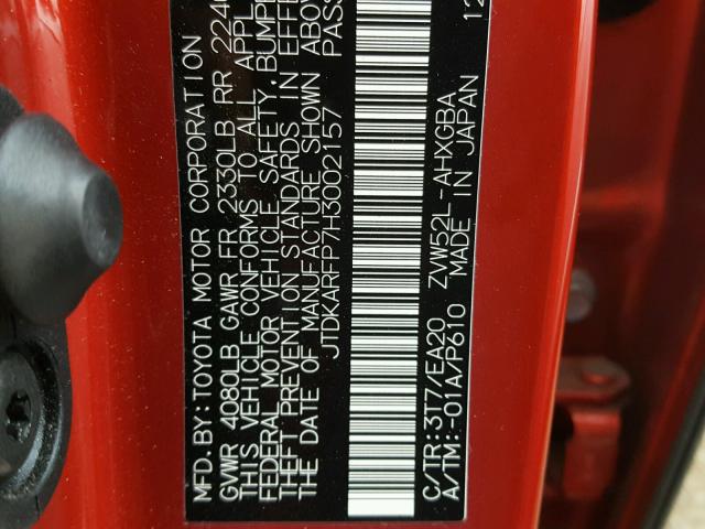 JTDKARFP7H3002157 - 2017 TOYOTA PRIUS PRIM ბურგუნდია ფოტო 10