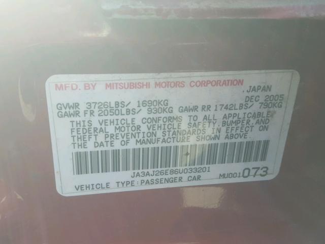 JA3AJ26E86U033201 - 2006 MITSUBISHI LANCER ES RED photo 10