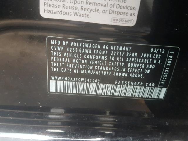 WVWNM7AJ4CW301043 - 2012 VOLKSWAGEN GOLF BLACK photo 10