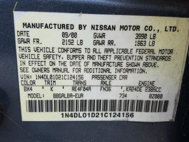 1N4DL01D21C124156 - 2001 NISSAN ALTIMA XE TURQUOISE photo 10