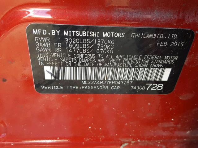 ML32A4HJ7FH043287 - 2015 MITSUBISHI MIRAGE ES RED photo 10