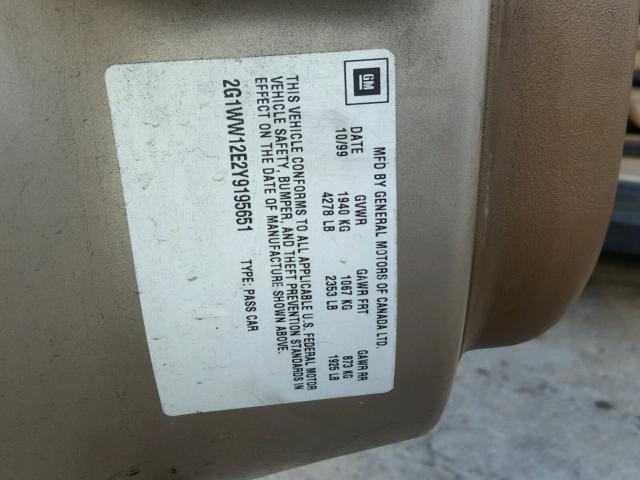 2G1WW12E2Y9195651 - 2000 CHEVROLET MONTE CARL ოქროსფერი ფოტო 10