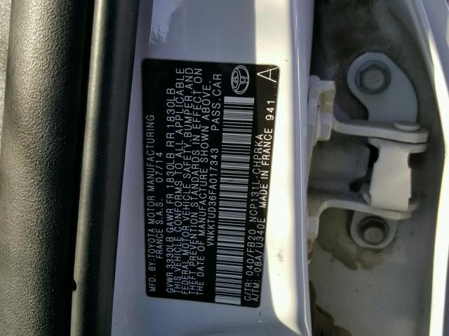 VNKKTUD36FA017343 - 2015 TOYOTA YARIS WHITE photo 10