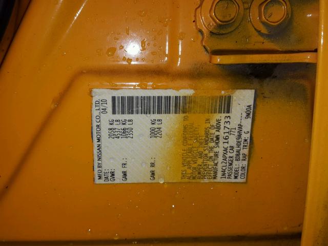 1N4CL2APXAC161733 - 2010 NISSAN ALTIMA YELLOW photo 10