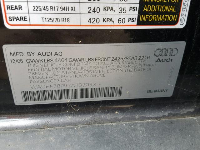 WAUHF78P97A133093 - 2007 AUDI A3 2 GRAY photo 10