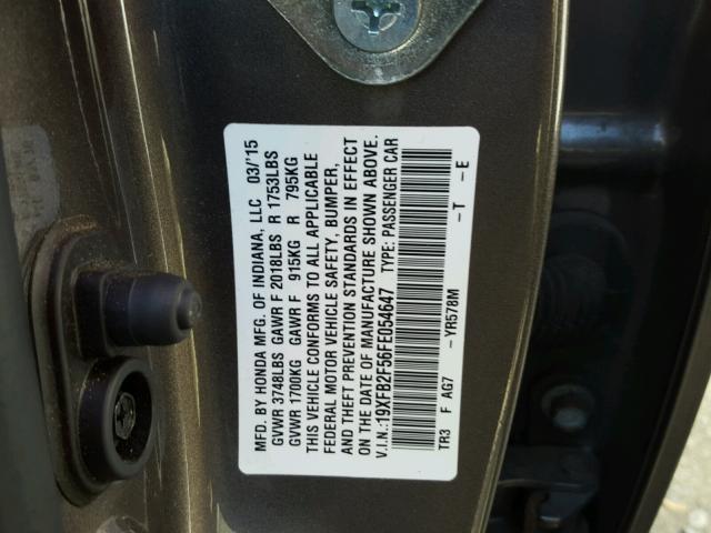 19XFB2F56FE054647 - 2015 HONDA CIVIC LX GRAY photo 10