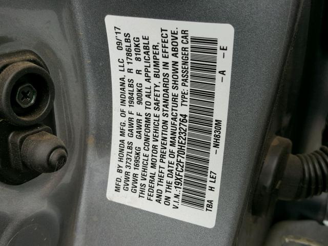 19XFC2F70HE232764 - 2017 HONDA CIVIC EX SILVER photo 10