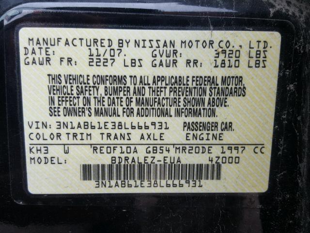 3N1AB61E38L666931 - 2008 NISSAN SENTRA 2.0 BLACK photo 10