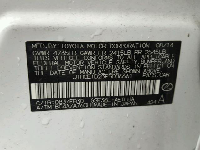 JTHCE1D23F5006661 - 2015 LEXUS IS 350 WHITE photo 10