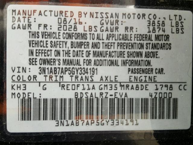 3N1AB7AP5GY334191 - 2016 NISSAN SENTRA S BLACK photo 10