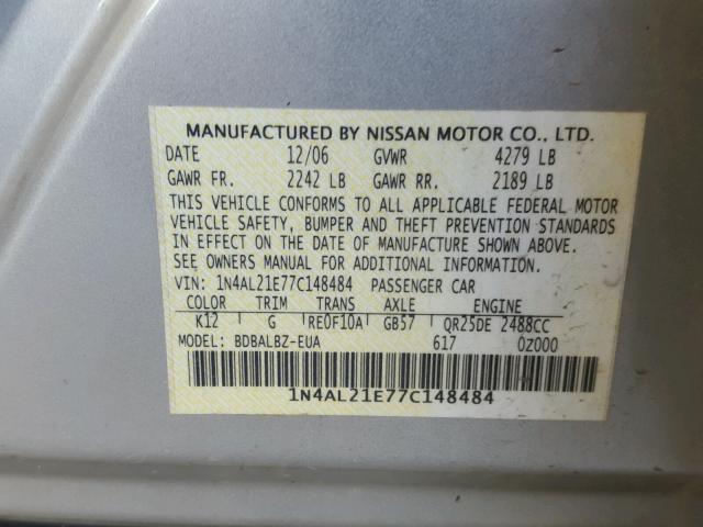 1N4AL21E77C148484 - 2007 NISSAN ALTIMA 2.5 SILVER photo 10