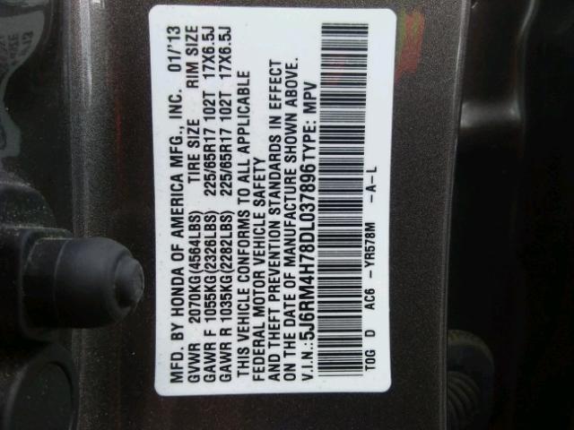 5J6RM4H78DL037896 - 2013 HONDA CR-V GRAY photo 10