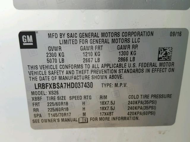 LRBFXBSA7HD037430 - 2017 BUICK ENVISION WHITE photo 10