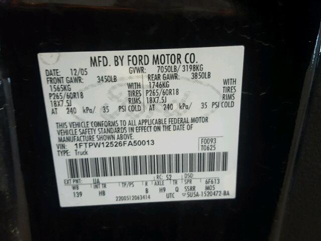 1FTPW12526FA50013 - 2006 FORD F150 SUPER BLACK photo 10