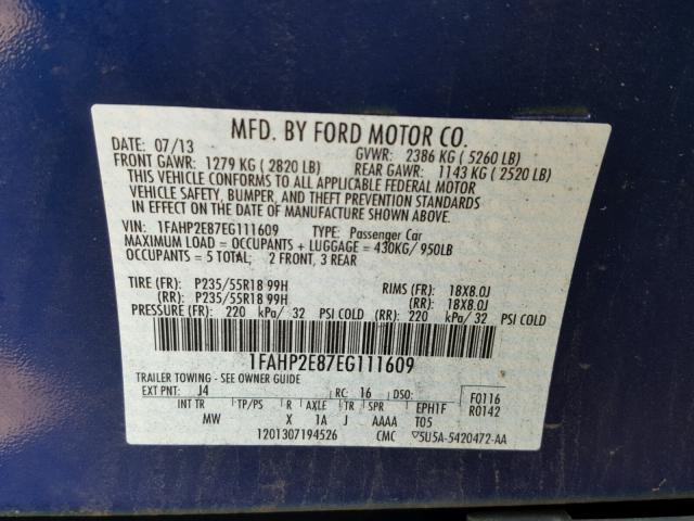 1FAHP2E87EG111609 - 2014 FORD TAURUS SEL BLUE photo 10