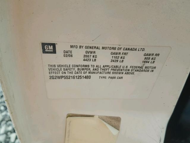 2G2WP552161251480 - 2006 PONTIAC GRAND PRIX WHITE photo 10