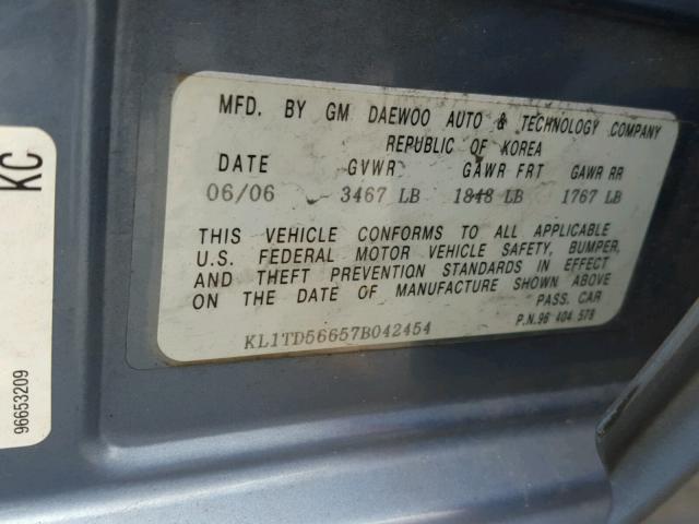KL1TD56657B042454 - 2007 CHEVROLET AVEO BASE Niebieski zdjęcie 10