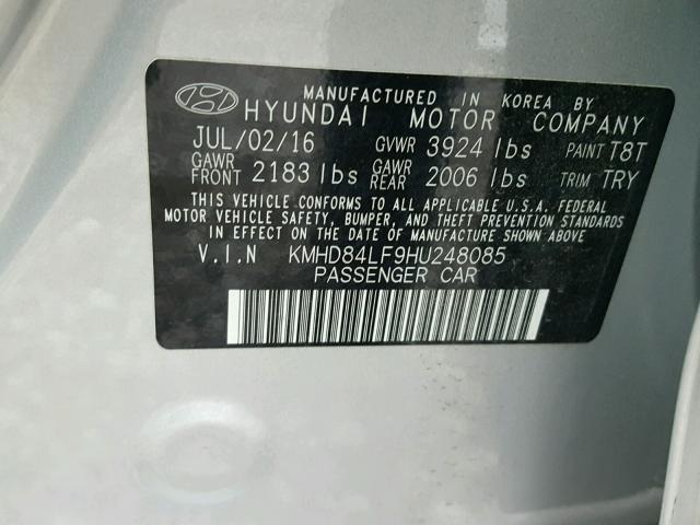 KMHD84LF9HU248085 - 2017 HYUNDAI ELANTRA SE SILVER photo 10