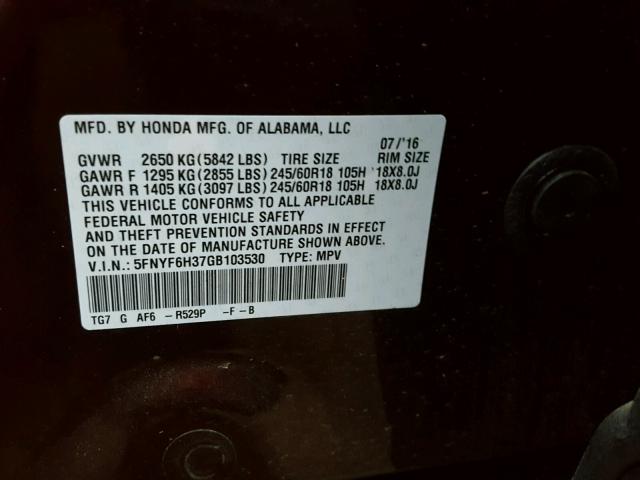 5FNYF6H37GB103530 - 2016 HONDA PILOT EX MAROON photo 10