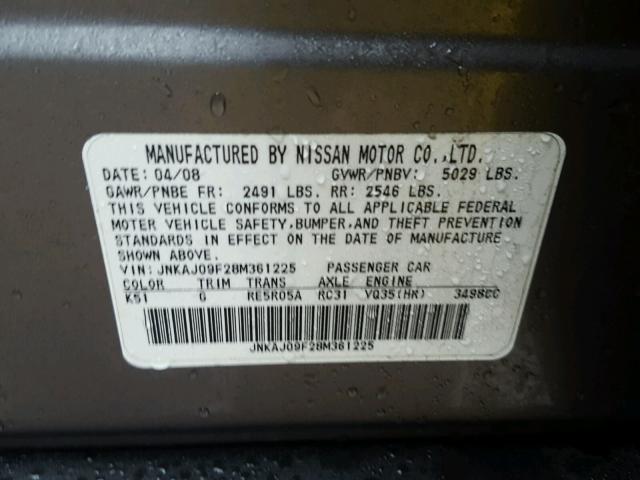 JNKAJ09F28M361225 - 2008 INFINITI EX35 BASE GRAY photo 10