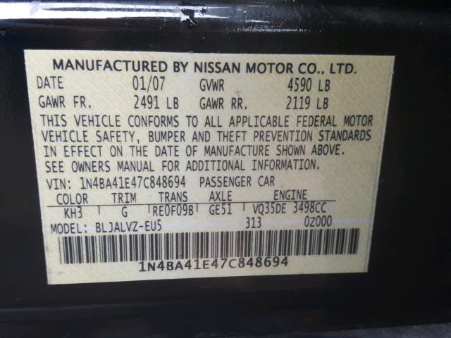 1N4BA41E47C848694 - 2007 NISSAN MAXIMA SE BLACK photo 10