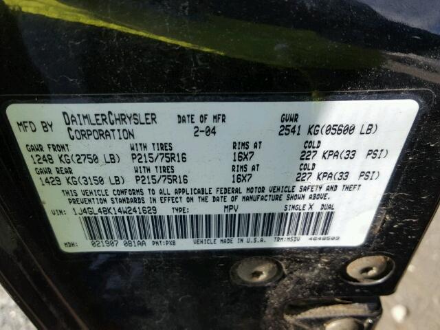 1J4GL48K14W241629 - 2004 JEEP LIBERTY SP BLACK photo 10