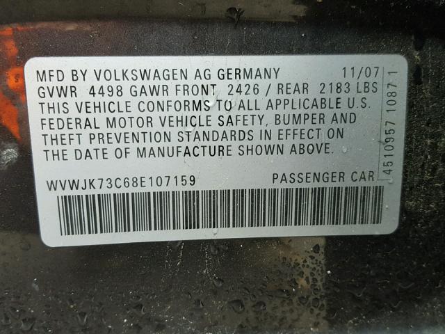 WVWJK73C68E107159 - 2008 VOLKSWAGEN PASSAT BLACK photo 10