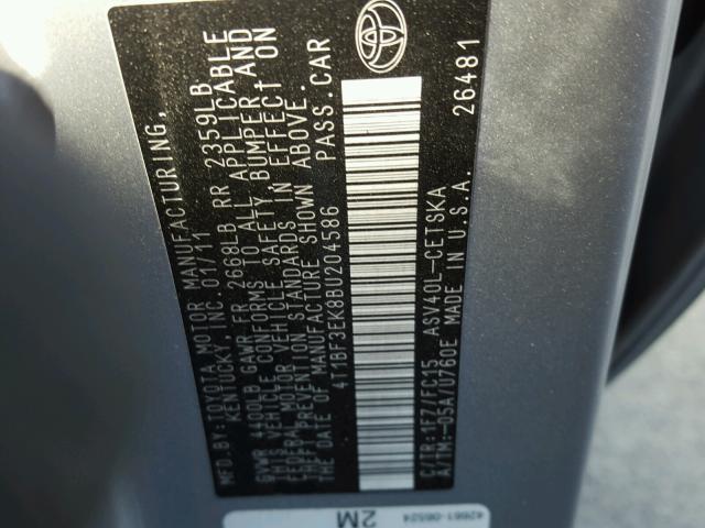 4T1BF3EK8BU204586 - 2011 TOYOTA CAMRY BASE SILVER photo 10