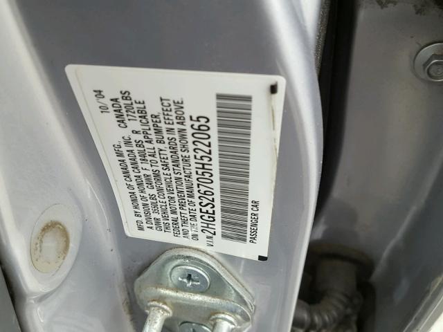 2HGES26705H522065 - 2005 HONDA CIVIC EX ვერცხლისფერი ფოტო 10