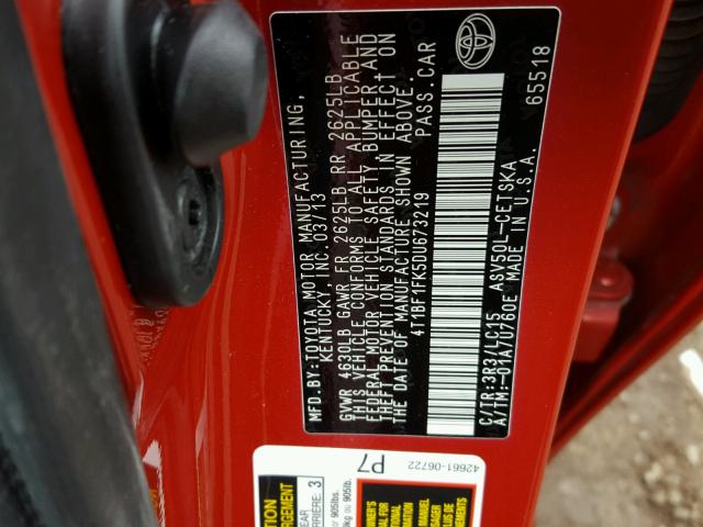 4T1BF1FK5DU673219 - 2013 TOYOTA CAMRY L RED photo 10