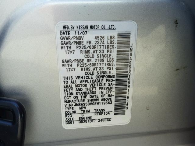 JN8AS58V08W119563 - 2008 NISSAN ROGUE S SILVER photo 10