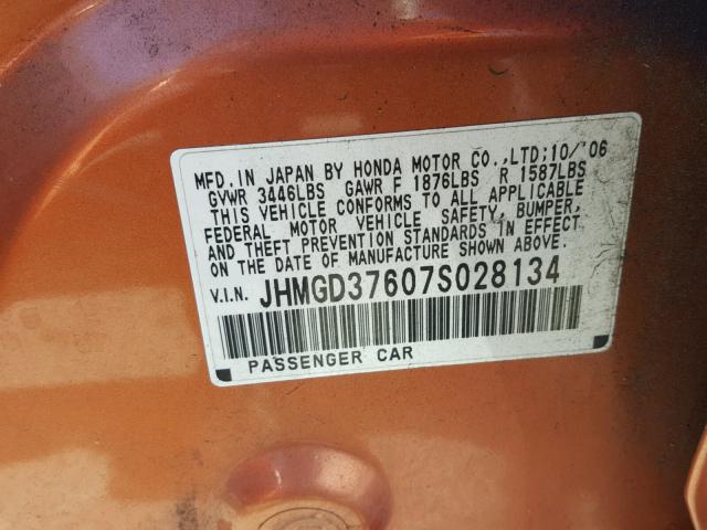 JHMGD37607S028134 - 2007 HONDA FIT S ORANGE photo 10