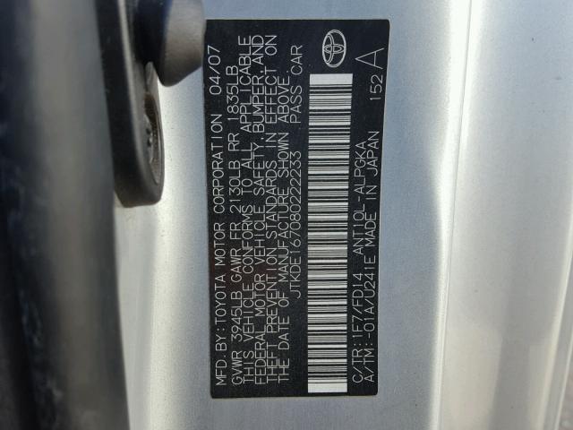 JTKDE167080222233 - 2008 TOYOTA SCION TC SILVER photo 10