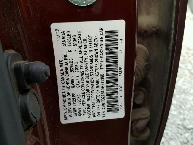 2HGFB2F84DH511890 - 2013 HONDA CIVIC EX MAROON photo 10