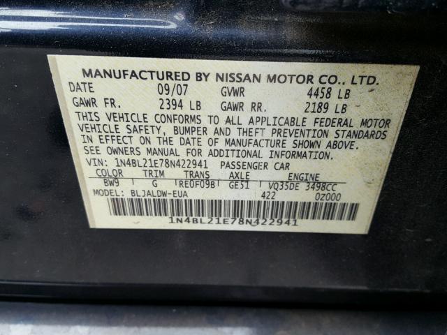 1N4BL21E78N422941 - 2008 NISSAN ALTIMA 3.5 BLUE photo 10