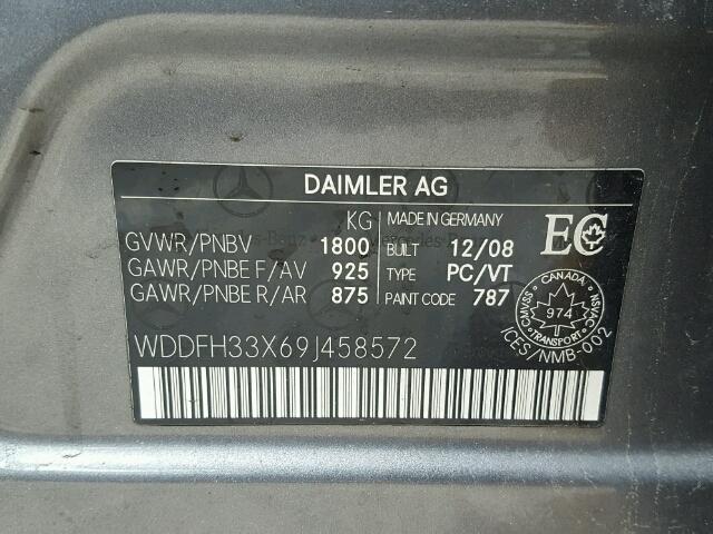 WDDFH33X69J458572 - 2009 MERCEDES-BENZ B200 GRAY photo 10