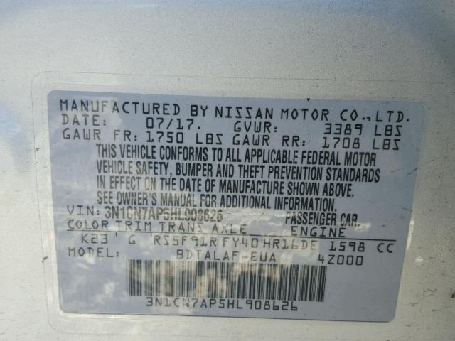 3N1CN7AP5HL908626 - 2017 NISSAN VERSA S GRAY photo 10