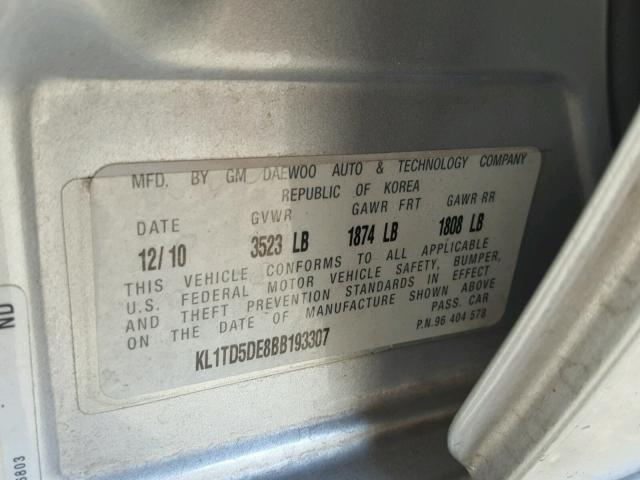 KL1TD5DE8BB193307 - 2011 CHEVROLET AVEO LS SILVER photo 10