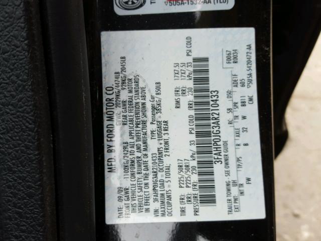 3FAHP0JG3AR210433 - 2010 FORD FUSION SEL BLACK photo 10