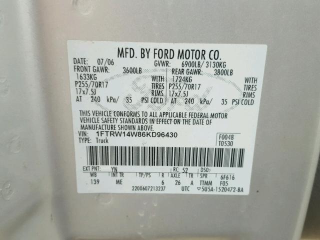 1FTRW14W86KD96430 - 2006 FORD F150 SUPER SILVER photo 10